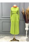Etek Güpür Detaylı Müslin Elbise-NA2315-Fıstık Yeşili
