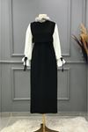 Kol Tünel Detaylı Çift Renkli Kalem Elbise-EA1072-Siyah