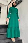 Göğüs Düğme Detaylı Etek Fırfırlı Krep Elbise-PA9215-Zümrüt Yeşili