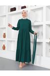 Bel Detaylı Katkat Elbise-PA9379-Zümrüt Yeşili