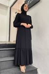 Göğüs Düğme Detaylı Etek Fırfırlı Krep Elbise-PA9215-Siyah