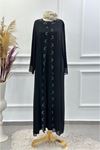 Yakası Ve Önü İşlemeli Elbise-MF1425-Siyah